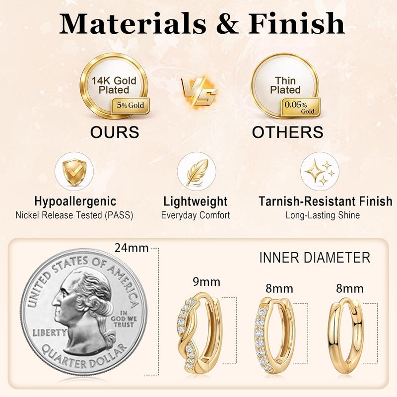 Inerney 14K Gold Plated Huggie Hoop Earrings for Women, Small Sterling Silver Earring Set Hypoallergenic Cartilage Helix Stacks, Mini Dainty Cute Trendy Birthstone Jewelry Gift for Multiple Piercings - Image 5